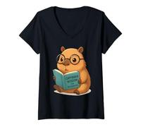 Damen Bookworm Capybara Dreams Kawaii Style T-Shirt mit V-Ausschnitt