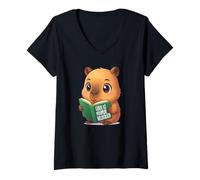 Damen Bookworm Capybara Dreams Kawaii Style T-Shirt mit V-Ausschnitt