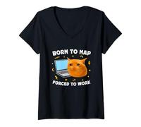 Damen Born to Nap Forced to Work Funny Crying Cat Meme Laptop T-Shirt mit V-Ausschnitt