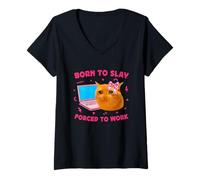 Damen Born to Slay Forced to Work Funny Crying Cat Girl Meme T-Shirt mit V-Ausschnitt