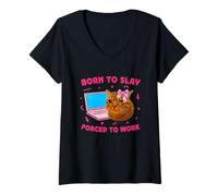 Damen Born to Slay Forced to Work Funny Crying Cat Girl Meme T-Shirt mit V-Ausschnitt