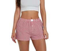 Damen-Boxershorts, gestreift, kariert, elastisch, mittelhohe Taille, bequeme Pyjama-Shorts, Y2K, Gingham-Shorts, Streetwear, Rot/Ausflug, einfarbig (Getaway Solids), Mittel