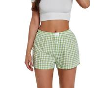 Damen-Boxershorts, gestreift, kariert, elastisch, mittelhohe Taille, bequeme Pyjama-Shorts, Y2K, Gingham-Shorts, Streetwear, F Hellgrünes Karomuster, Mittel