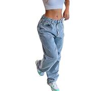Damen Boyfriend Jeans Baggy Hosen Outfit Hellblaue Y2K Cargohose Ausgefallene Sommerjeans Wide Leg Mode Hüftjeans Hose Straight Jeanshose Jeanshosen Coole Low Waist Schlaghosen A M