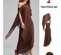Damen braunes elegantes trägerloses Sommerkleid mit Meerjungfrauen-Saum und Umhang-Schal, 2-teiliges Set für Abendessen, Date, Hochzeitsgast, Büro, Ol