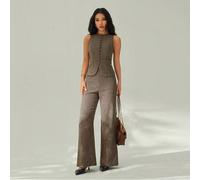 Damen braunes kariertes Herbst elegantes Büro 2-teiliges Set, Vintage Hahnentritt einreihige ärmellose Weste und weite Hose, Tweed minimalistisches Ou