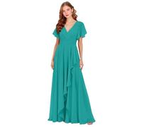 Damen Brautjungfernkleider mit V-Ausschnitt, Chiffon, Flatterärmel, lang, gerüscht, formelles Abendkleid, Partykleid mit Schlitz, türkis, 32