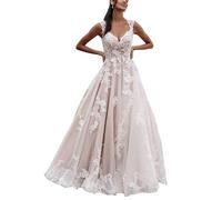 Damen Brautkleid Lang A-Linie Standesamt Hochzeitskleid Prinzessin Spitzen Brautmode Kleid, SEVENYXX, Ivory, 48
