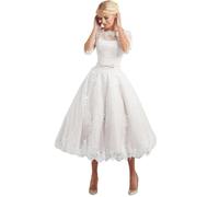 Damen Brautkleid mit Ärmel Boho Kurz Spitzen Hochzeitskleid Standesamt A-Linie Strand Brautmode Kleid C-Weiß,DE36