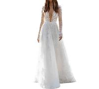 Damen Brautkleid mit Ärmel Boho Lang Spitzen Hochzeitskleid Standesamt A-Linie Brautkleider Urlaubskleid mit Stickerei Spitzenkleid Partykleid Cocktailkleid