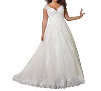 Damen Brautkleider Hochzeitskleider Große Größen V-Ausschnitt Spitze Ballkleid Brautkleid A-Linie Elfenbein 50