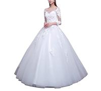 Damen Brautkleider Lang Spitzen Tüll Formellen Abendkleid Ballkleid Festkleider Hochzeitskleid A-Linie Prinzessin Brautkleid mit Ärmel,Weiss,EU40