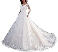 Damen Brautkleider V-Ausschnitt Lange Ärmel Brautkleid Prinzessin Brautkleid Spitze Tüll,Weiß,54