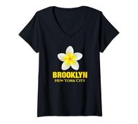 Damen Brooklyn New York City Tropical Yellow Frangipani Flower T-Shirt mit V-Ausschnitt