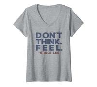 Damen Bruce Lee Don't Think Feel Iconic Quote T-Shirt mit V-Ausschnitt