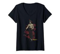 Damen Bruce Lee Full Body With Red Dragon Vintage Portrait T-Shirt mit V-Ausschnitt