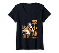 Damen Bruce Lee Iconic Fight Pose Yellow Text Retro Martial Arts T-Shirt mit V-Ausschnitt