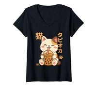Damen Bubble Tea Katze Boba Kawaii Tapioka Anime T-Shirt mit V-Ausschnitt