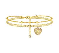 Damen Buchstaben Fußkette Edelstahl/18k vergoldet zweilagige Fußarmband mit Herz Charms Minimalist Mädchen Fußkettchen 22+5cm verstellbar Knöchel Armband Sommer Schmuck Accessoire