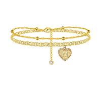 Damen Buchstaben Fußkette Edelstahl/18k vergoldet zweilagige Fußarmband mit Herz Charms Minimalist Mädchen Fußkettchen 22+5cm verstellbar Knöchel Armband Sommer Schmuck Accessoire