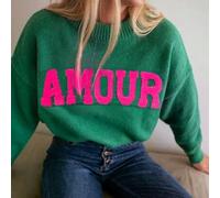 Damen Buchstaben Jacquard Rundhals Strickpullover, amerikanischer lässig Stil lockerer Schnitt Top für Herbst/Winter, geeignet für tägliche Pendelstre