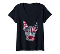 Damen Bunter festlicher Hunde-Aufnäher T-Shirt mit V-Ausschnitt