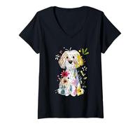 Damen Buntes abstraktes Flauschiges Hunde-Blumendesign T-Shirt mit V-Ausschnitt
