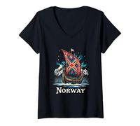 Damen Buntes Wikingerschiff-Abenteuer mit majestätischen Bergen T-Shirt mit V-Ausschnitt