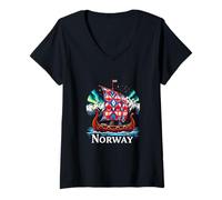 Damen Buntes Wikingerschiff-Abenteuer mit majestätischen Bergen T-Shirt mit V-Ausschnitt