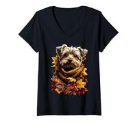 Damen Buntes Yorkshire Terrier Herbstfeste Blätter Wald Ästhetik T-Shirt mit V-Ausschnitt