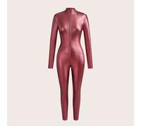 Damen Burgund elastischer Reißverschluss-Jumpsuit mit langen Ärmeln, Leder Catsuit Damen Unitard Jumpsuit Sexy