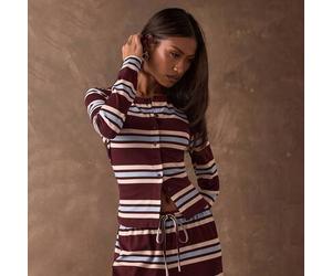 Damen Burgunderrot Lässig gestreifter Muster Knopfleiste Slim Fit Langarm T-Shirt / Park Ausflug / Land Heim Top / Basic Stil / Neujahr Lässig Top / L