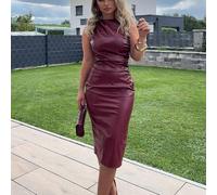 Damen burgunderrotes Lederkleid, modisch gerafft, Herbst/Winter, ärmelloses gerafftes PU Mini-Kleid, einfarbig, Rundhals, gerafft, PU-Leder, ärmellose