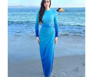 Damen Burkini im Boho-Stil, Ins Cool weicher blauer Farbverlauf Muster Twist Mesh Cover-Up Rock, jugendliche Strandurlaub Badebekleidung Einteiler + l