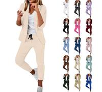 Damen Business Anzug Set Zweiteiler Langarm Einfarbig Blazer Hose Hosenanzug Festlich Lange Hosenanzüge Sportlich Büro Outfit Sommer Freizeitanzug Slimfit Baumwolle Taschen Elastisch Gerades Bein