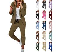 Damen Business Anzug Set Zweiteiler Langarm Einfarbig Blazer Hose Hosenanzug Festlich Lange Hosenanzüge Sportlich Büro Outfit Sommer Freizeitanzug Slimfit Baumwolle Taschen Elastisch Gerades Bein