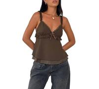 Damen-Camisole mit Rüschen, Spaghettiträger, Netzstoff, ärmellos, V-Ausschnitt, gerüscht, Vintage-Stil, Schleife vorne, Chiffon-Tanktop, Y2K, schmale Passform, Streetwear, hellbraun, Small