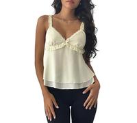 Damen-Camisole mit Rüschen, Spaghettiträger, Netzstoff, ärmellos, V-Ausschnitt, gerüscht, Vintage-Stil, Schleife vorne, Chiffon-Tanktop, Y2K, schmale Passform, Streetwear, weiß, Small