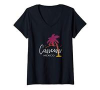 Damen Cancun Mexico - Palm Tree Beach Sunset T-Shirt mit V-Ausschnitt
