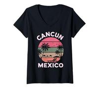Damen Cancún Mexiko Retro Urlaub Sonnenuntergang Pyramide Trip Resort 2026 T-Shirt mit V-Ausschnitt