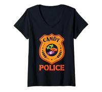 Damen Candy Police Lustiges Halloween-Party-Kostüm Eltern Mama Papa T-Shirt mit V-Ausschnitt