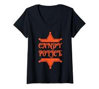 Damen Candy Police Lustiges Halloween-Party-Kostüm Eltern Mama Papa T-Shirt mit V-Ausschnitt