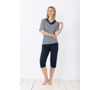 hajo Damen Capri-Schlafanzug, Premium Cotton Marine/weiß 48/50