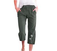 Damen Caprihose Vintage Löwenzahn Muster Sieben-Punkte-Hose Baumwoll Leinen Sommerhose mit Elastischem Bund Alltag Weitem Bein Hosen Heimhose Trekkinghose Latzhose Freizeithose Für Frauen