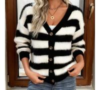 Damen-Cardigan aus gestreiftem Fleece mit Farbblockmuster, Strickjacke in Pulloverstruktur - für einen gemütlichen Café-Look