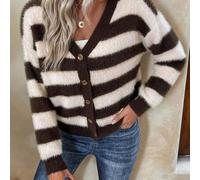 Damen-Cardigan aus gestreiftem Fleece mit Farbblockmuster, Strickjacke in Pulloverstruktur - für einen gemütlichen Café-Look
