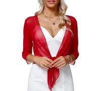 Damen Cardigan Sommer, 2 Teiliges Bolero Set für Damen Sommer Chiffon Cardigan mit Bindeband Vorne 3/4 Ärmeln Schalkragen Leichte Transparente Bolerojacke Eleganter Überwurf für Abendkleider Rot