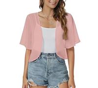 Damen Cardigan Sommer, Damen Bolero Strickjacke Aus Chiffon Sommer Offen Kurzarm Leichte Fließende Stola Elegante Stola Zum Überwerfen Über Abendkleider Rosa L
