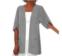 Damen Cardigan T-Shirt Oberteil Aus Baumwolle Und Leinen Mit Mittellangen Ärmeln Und Tasche, Günstig Strickjacken Leicht Atmungsaktiv, Cardigan Elegant Schick, Blouson Lässig Und Stilvoll
