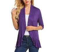 Damen-Cardigans, Kurzer Bolero-Cardigan für Damen, Einfarbig, Lila, Gerüschter Saum, 3/4-Ärmel, Vorne Offen, Leichte Crop-Cardigan, Sommerjacke, Lässige Shrug-Jacke